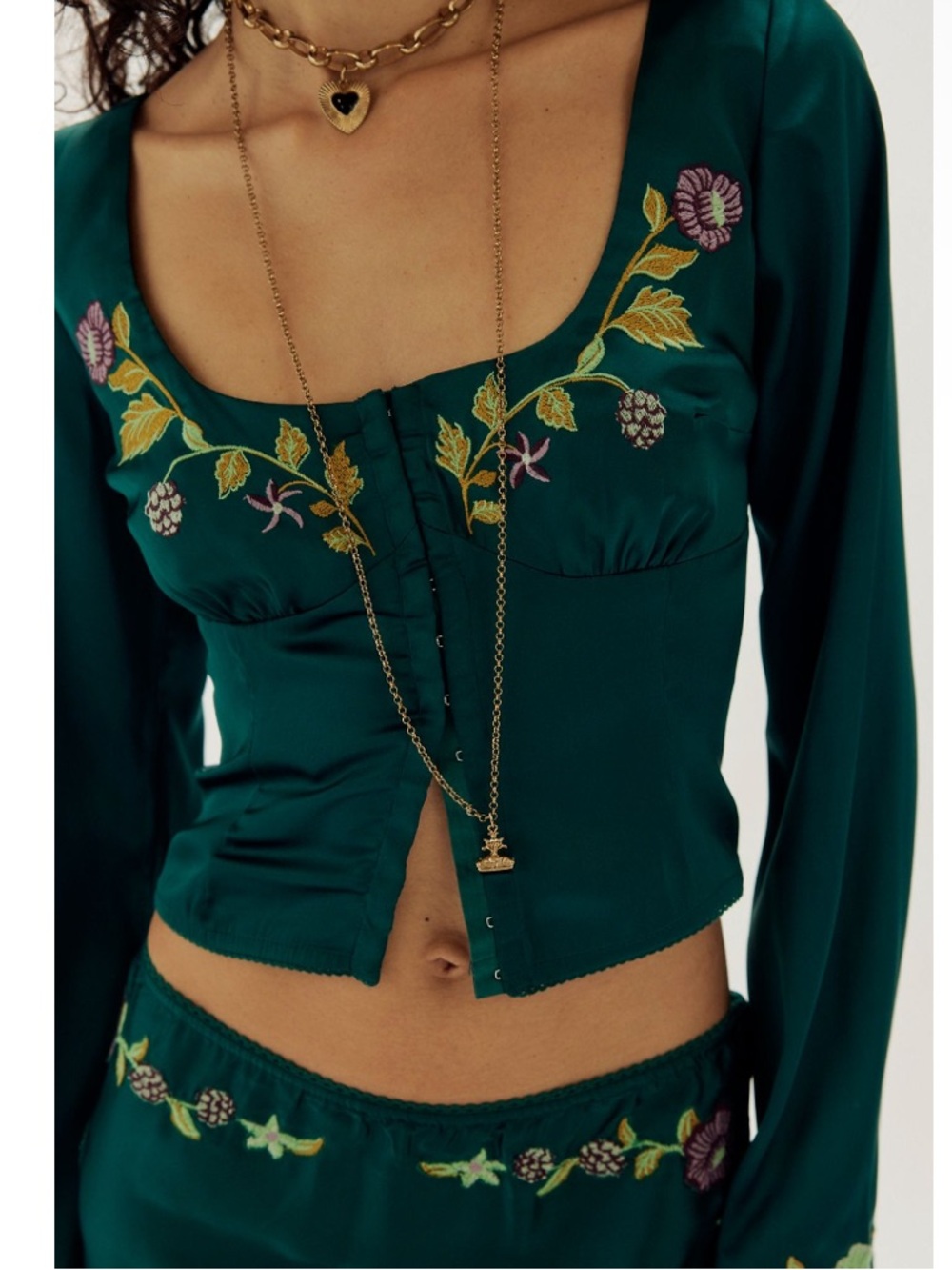 Free People Autumn Bloom Midi Skirt Set in Forest Green Floral Embroidery NEW - Picture 2 of 8